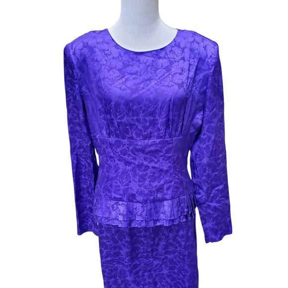 Vintage Flora Kung II New York Blue Floral Silk Dress Long Sleeve Back Zip Sz 8 - Picture 3 of 16